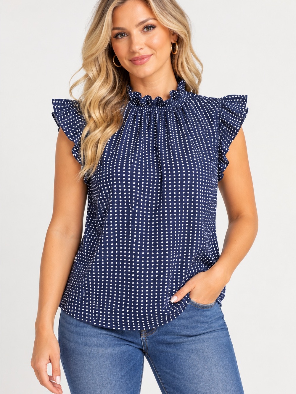 Adrianna Papell Navy White Polka Dot Ruffle Mock Neck Blouse